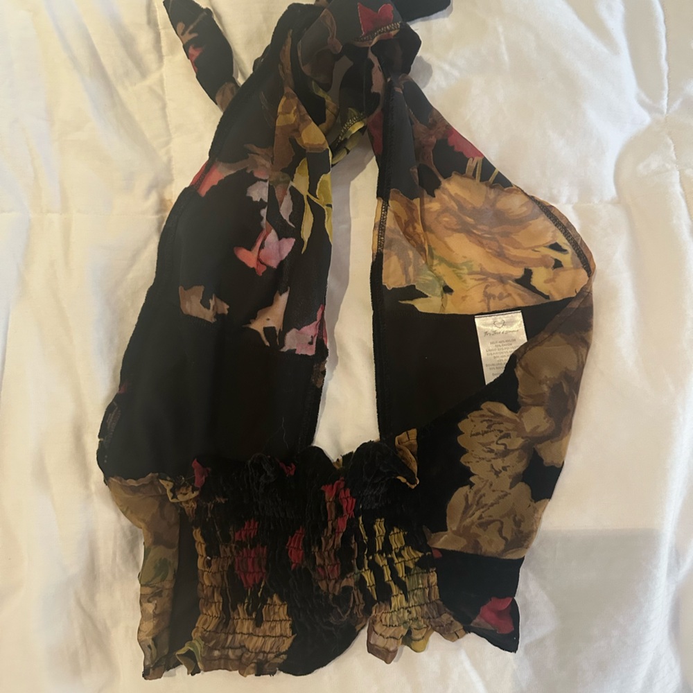For Love & Lemons Black Velvet Floral Halter Crop Top - Picture 6 of 6